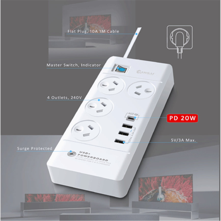 Sansai  PAD-8044 4 Outlet Powerboard with USB-A & USB-C
