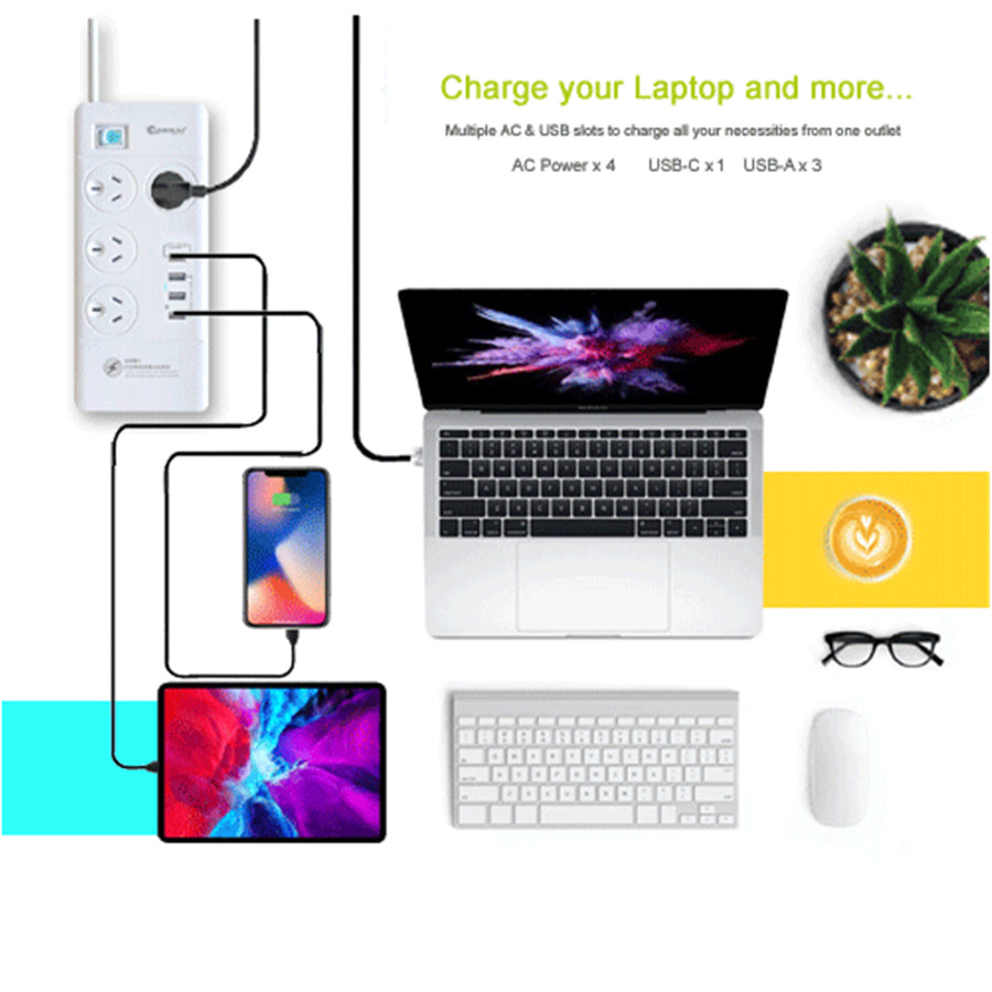 Sansai  PAD-8044 4 Outlet Powerboard with USB-A & USB-C