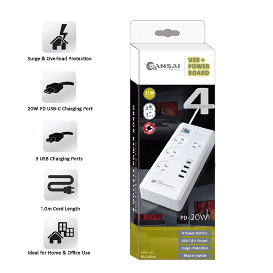 Sansai  PAD-8044 4 Outlet Powerboard with USB-A & USB-C