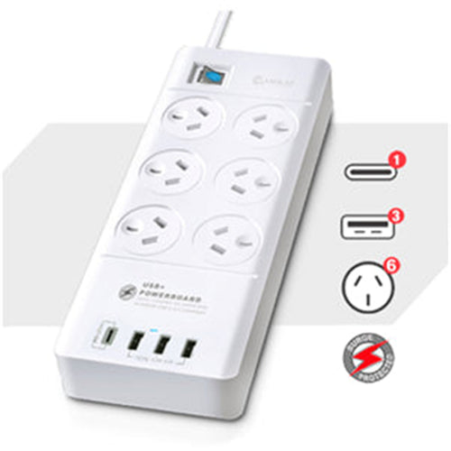 Sansai  PAD-8066 6 Outlet Powerboard with USB-A & USB-C