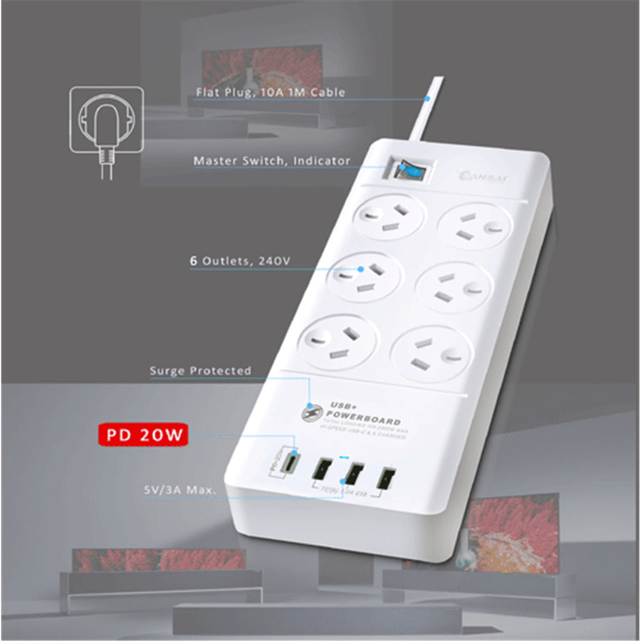 Sansai  PAD-8066 6 Outlet Powerboard with USB-A & USB-C