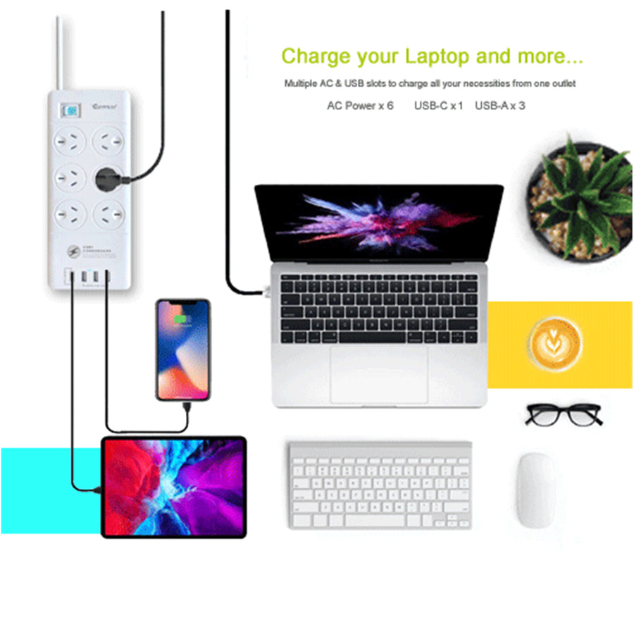 Sansai  PAD-8066 6 Outlet Powerboard with USB-A & USB-C