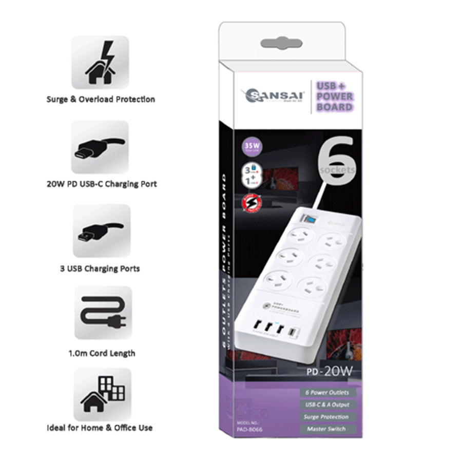 Sansai  PAD-8066 6 Outlet Powerboard with USB-A & USB-C