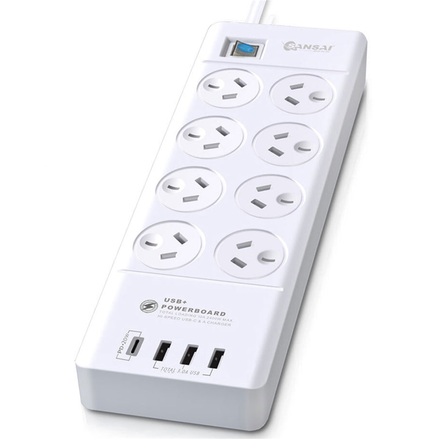 Sansai 8 Way Surge Powerboard with 3x USB, 1x USB-C Charging Ports
