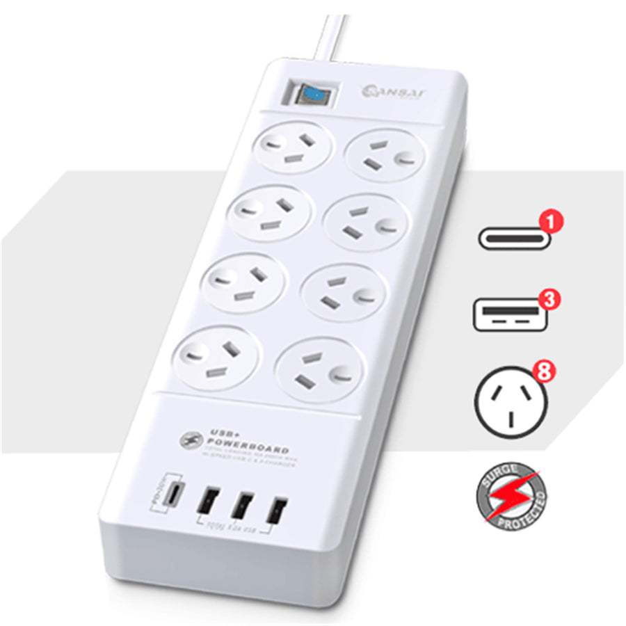 Sansai 8 Way Surge Powerboard with 3x USB, 1x USB-C Charging Ports
