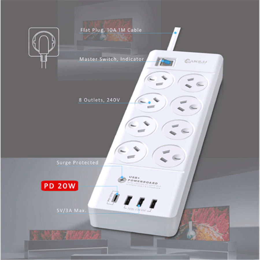 Sansai 8 Way Surge Powerboard with 3x USB, 1x USB-C Charging Ports