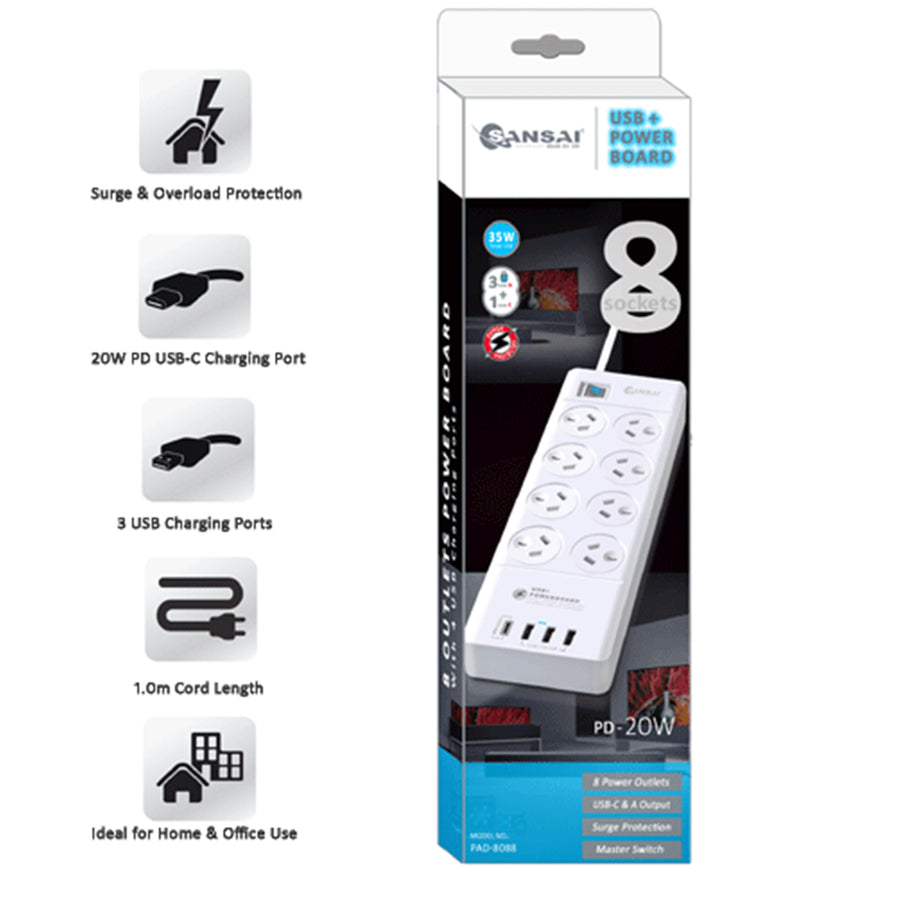 Sansai 8 Way Surge Powerboard with 3x USB, 1x USB-C Charging Ports