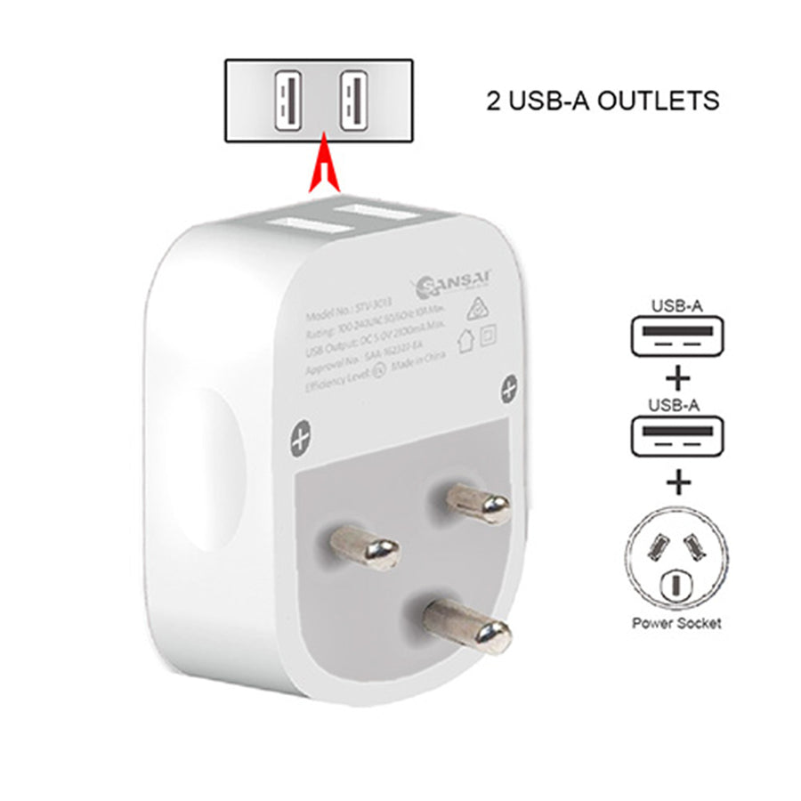 Sansai  STV-3013  Outbound USB Travel Adapter - NZ / AU to South Africa / India Plug