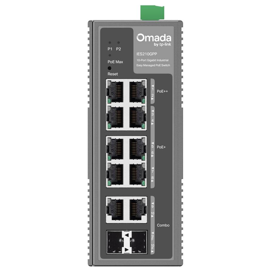 TP-Link Omada IES210GPP 10-Port Gigabit Industrial Easy Managed PoE Switch (240W) - SFP/GbE Combo x2, 1GbE PoE+ x6, 1GbE PoE++ x2