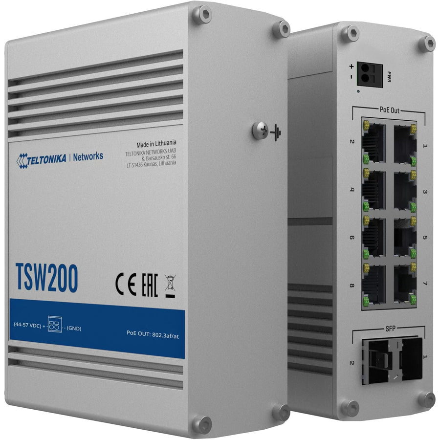 Teltonika TSW200 - 8-Port Industrial Gigabit Ethernet PoE+ Switch with 2x SFP (no PSU)