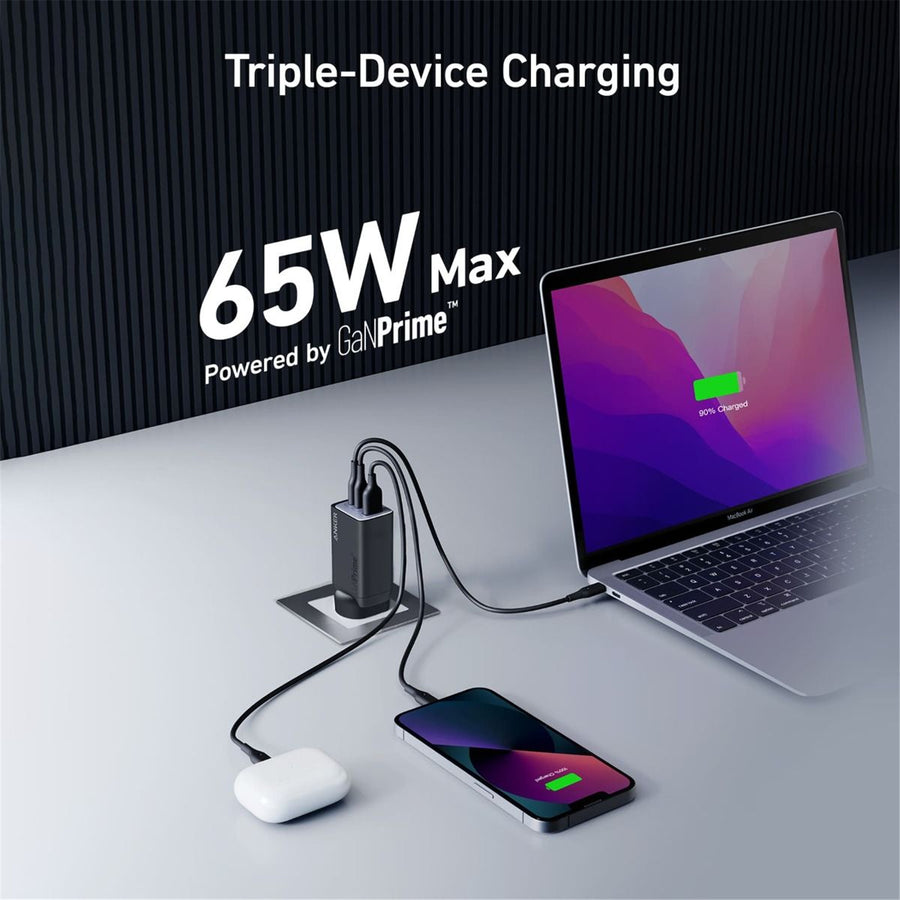 ANKER GaNPrime 65W 3-Port Wall Charger with USB-C to USB-C Cable