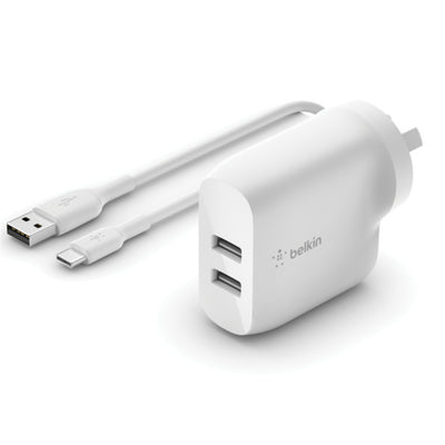 Belkin 24W Dual USB-A Wall Charger with USB-A to USB-C Cable