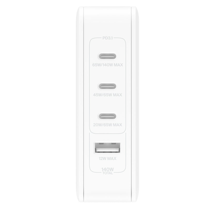 Belkin 140W 4-Port GaN Wall Charger for Laptops / Tablets /Phones - White -  includes 3x USB-C and 1x USB-A ports