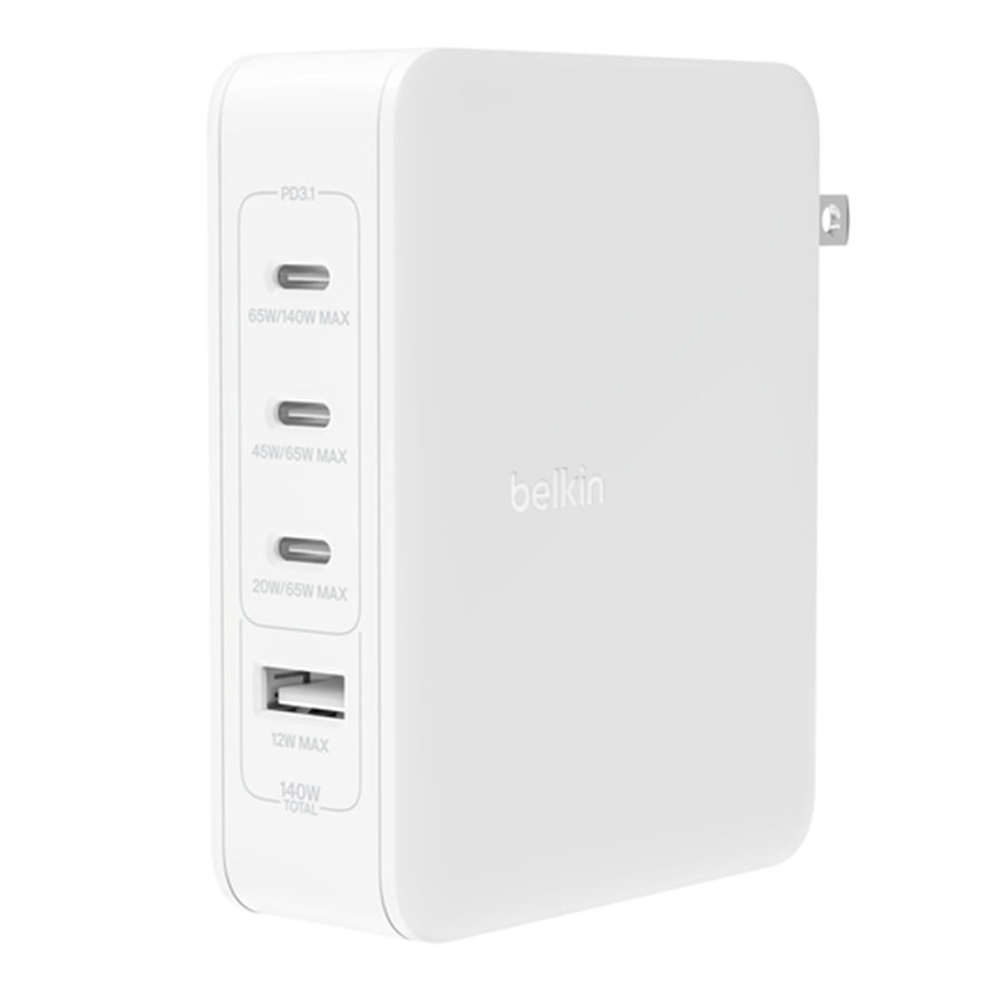 Belkin 140W 4-Port GaN Wall Charger for Laptops / Tablets /Phones - White -  includes 3x USB-C and 1x USB-A ports