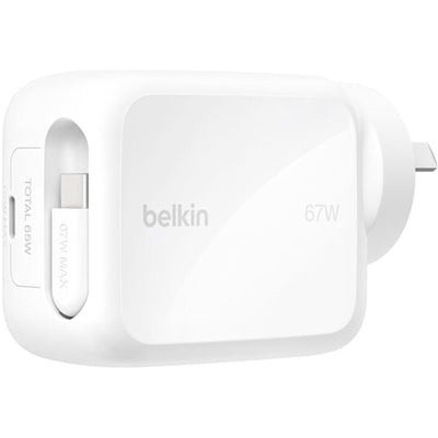 Belkin BoostCharge Pro 67W GaN-Wandladegerät mit einzelnem USB-C-Anschluss und einziehbarem USB-C-Kabel