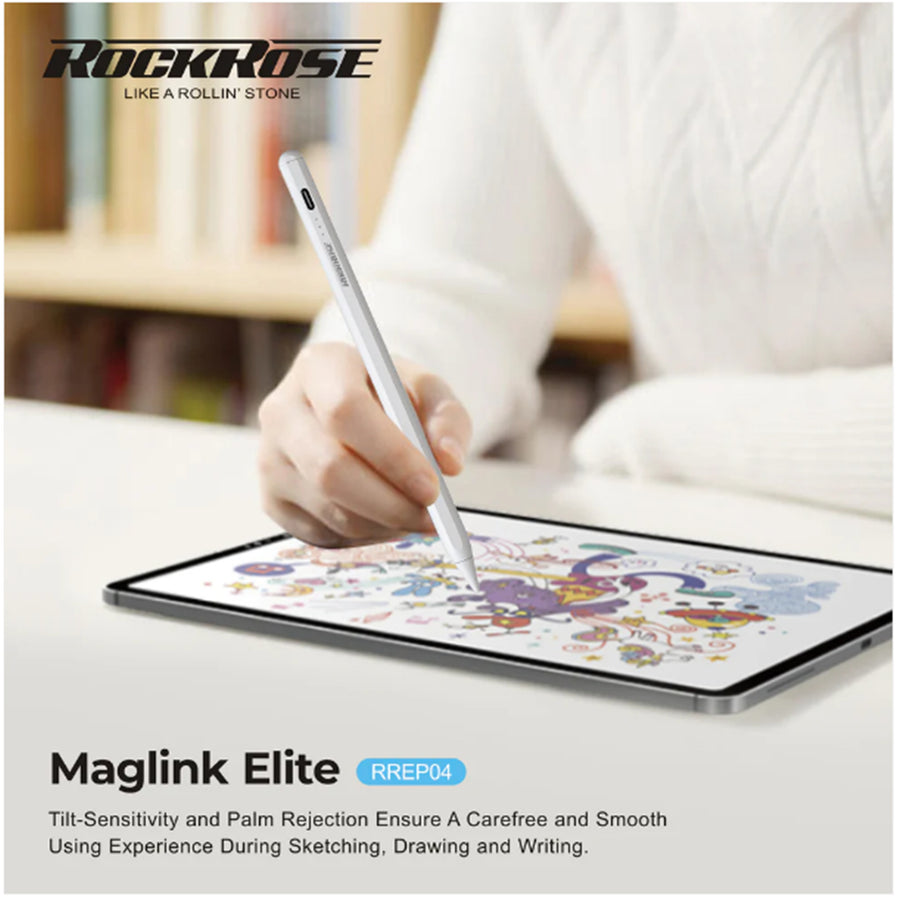 RockRose MagLink Elite Active Capacitive Stylus Pen with Palm Rejection - For iPad Only - Compatible with :  iPad 6th/iPad 7th/iPad 8th/iPad 9th  iPad mini5/iPad Air3/iPad Air4/iPad ProiPad Pro3/iPad Pro4/iPad Pro 5th Other Capactive touch