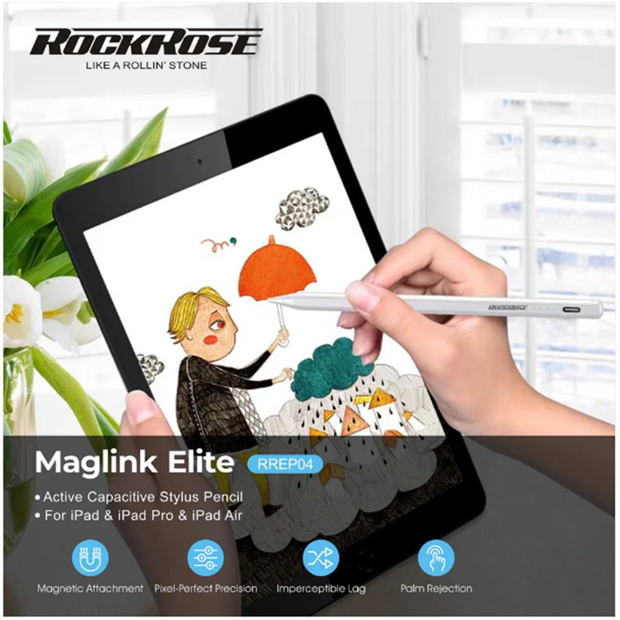 RockRose MagLink Elite Active Capacitive Stylus Pen with Palm Rejection - For iPad Only - Compatible with :  iPad 6th/iPad 7th/iPad 8th/iPad 9th  iPad mini5/iPad Air3/iPad Air4/iPad ProiPad Pro3/iPad Pro4/iPad Pro 5th Other Capactive touch