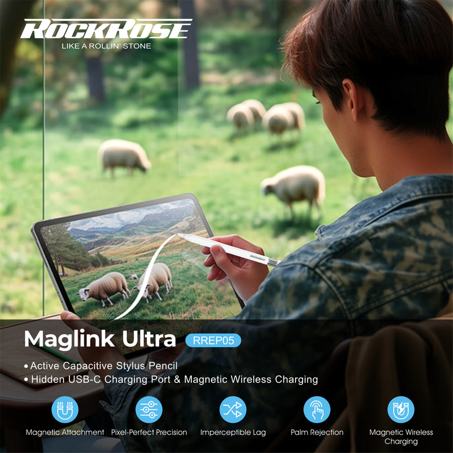 RockRose MagLink Ultra Active Capacitive Stylus Pen with Magnetic Wireless Charging - For iPad Only -  Compatible with : iPad 6th/iPad 7th/iPad 8th/iPad 9th/ iPad 10th iPad mini5/iPad Air3/iPad Air4/iPad ProiPad Pro3/iPad Pro4/iPad Pro 5th