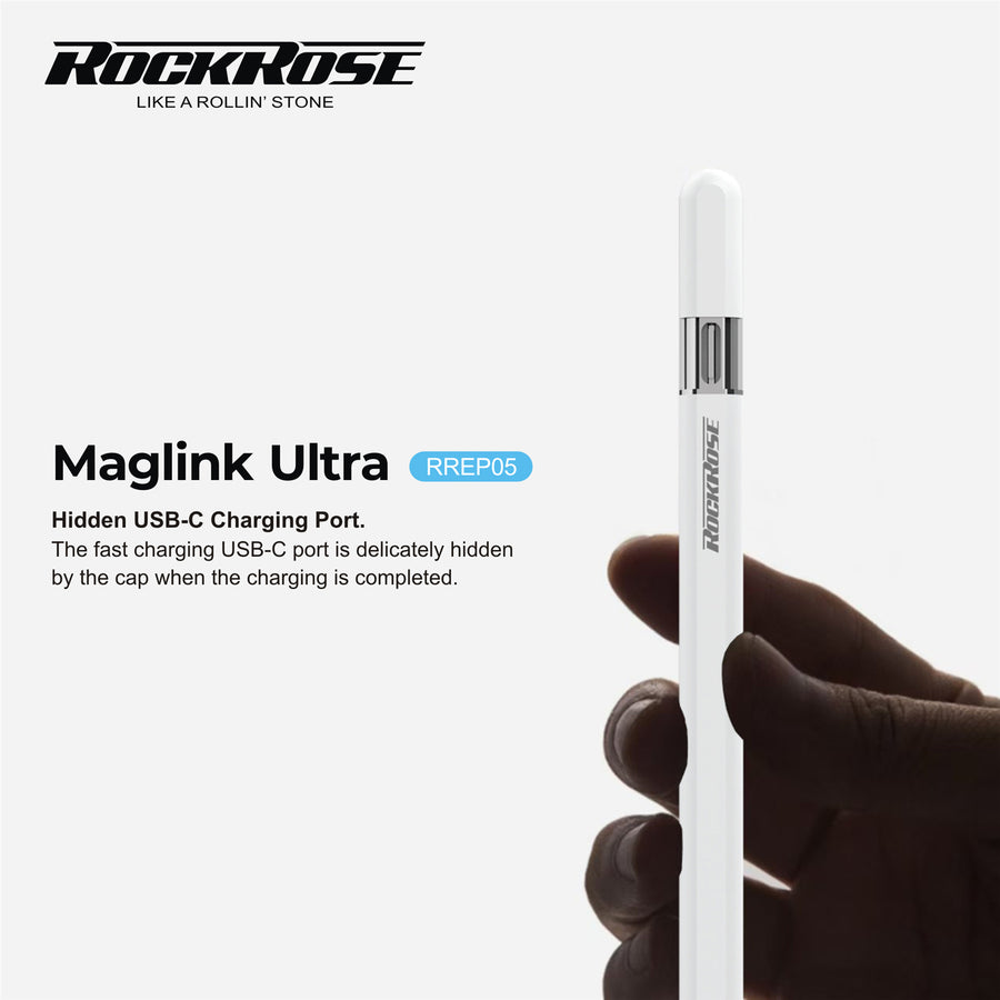 RockRose MagLink Ultra Active Capacitive Stylus Pen with Magnetic Wireless Charging - For iPad Only -  Compatible with : iPad 6th/iPad 7th/iPad 8th/iPad 9th/ iPad 10th iPad mini5/iPad Air3/iPad Air4/iPad ProiPad Pro3/iPad Pro4/iPad Pro 5th