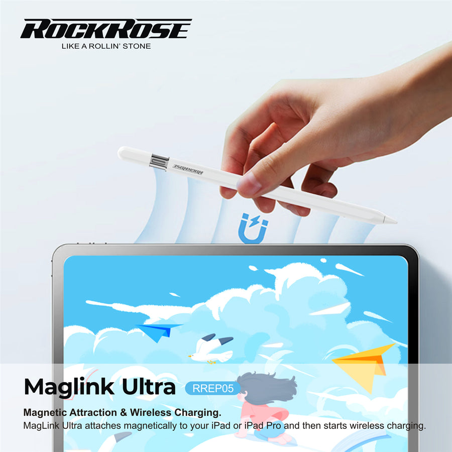 RockRose MagLink Ultra Active Capacitive Stylus Pen with Magnetic Wireless Charging - For iPad Only -  Compatible with : iPad 6th/iPad 7th/iPad 8th/iPad 9th/ iPad 10th iPad mini5/iPad Air3/iPad Air4/iPad ProiPad Pro3/iPad Pro4/iPad Pro 5th