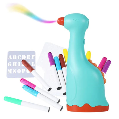 FM.ABK-DINO - FORMULA AIRBRUSH KIT DINO FOR KIDS WATERCOLOUR PENS AND STENCILS AA BATTERY