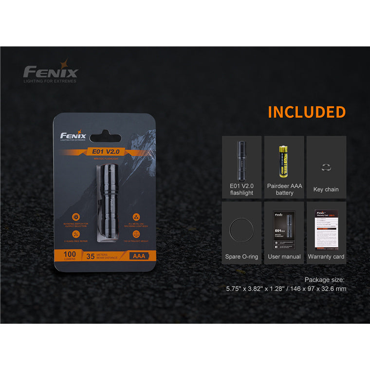 Fenix Everyday Carry Torch E01 V2.0 Mini Keychain Flashlight Max 100 Lumens, Head: 0.59" (15mm), Powered by 1 x AAA Alkaline Battery, 1 x AAA Battery is Included - 5-Years Free Repair Warranty (Battery for 1 year)!