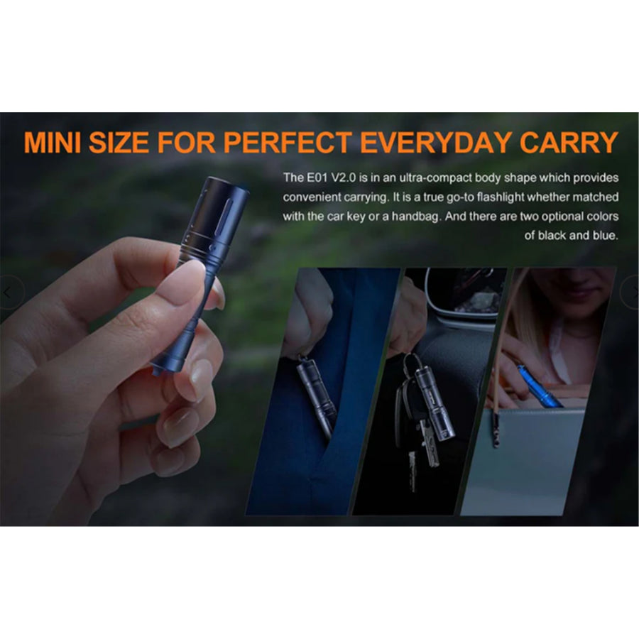 Fenix Everyday Carry Torch E01 V2.0 Mini Keychain Flashlight Max 100 Lumens, Head: 0.59" (15mm), Powered by 1 x AAA Alkaline Battery, 1 x AAA Battery is Included - 5-Years Free Repair Warranty (Battery for 1 year)!