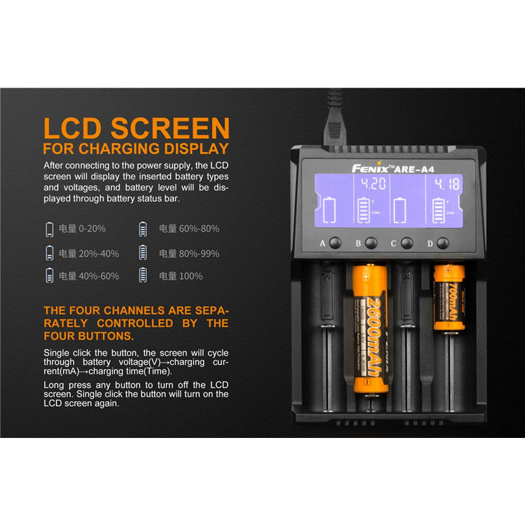 Fenix Battery Charger ARE-A4 Dual Charging Mode Li-ion and Ni-MH / Ni-Cd  Charger Smart Multifunctional, Support Lots of Rechargeable Batteries on Market,