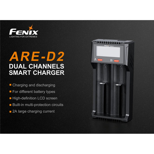 Fenix Battery Charger ARE-D2 Dual Channel Charger Li-ion and Ni-MH / Ni-Cd  Charger 5V/2A, Charging / Discharging, MicroUSB Charging Port, Support Lots of Rechargeable Batteries on Market