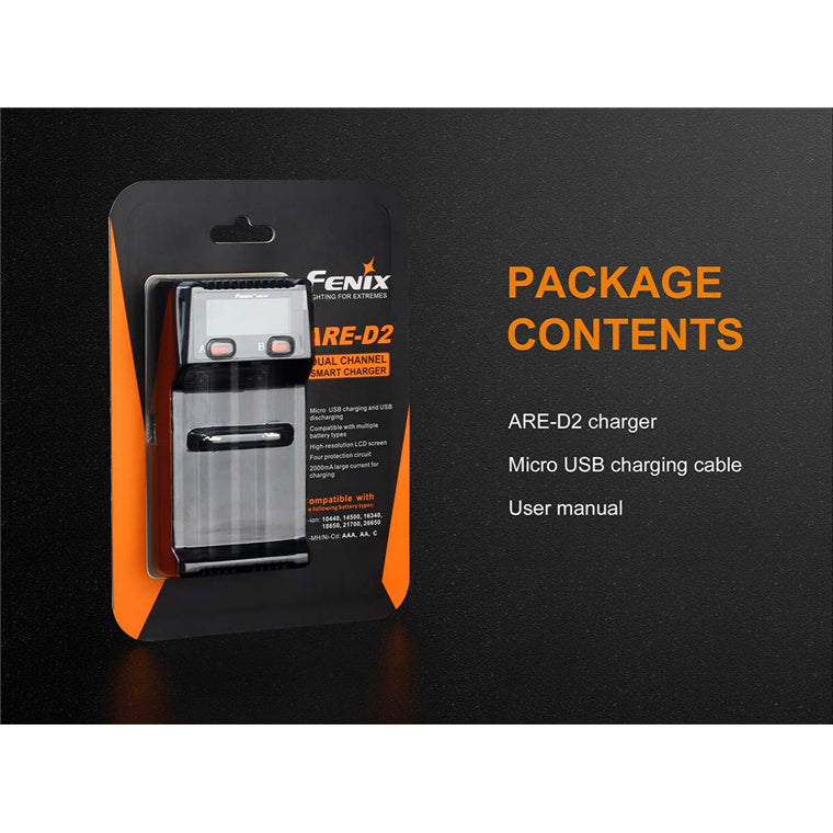 Fenix Battery Charger ARE-D2 Dual Channel Charger Li-ion and Ni-MH / Ni-Cd  Charger 5V/2A, Charging / Discharging, MicroUSB Charging Port, Support Lots of Rechargeable Batteries on Market