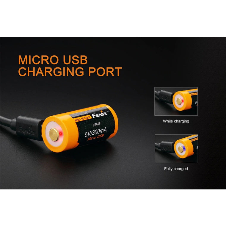 Fenix 16340 Li-ion Battery ARB-L16-700UP Rechargeable Battery Button-Top, 700mAh, 3.6V, 2.52Wh, Built-In Micro-USB Charging Port With Protection Circuit in the Anode