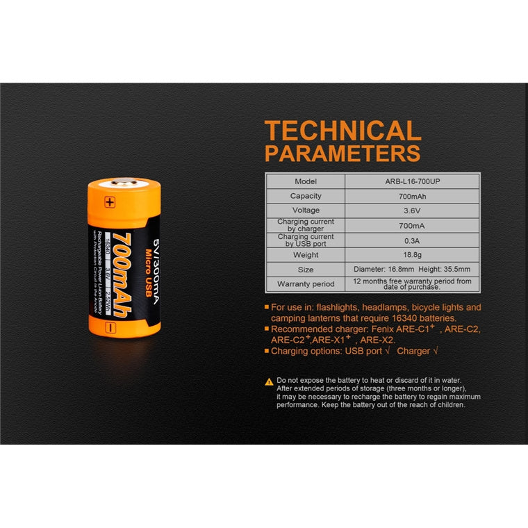Fenix 16340 Li-ion Battery ARB-L16-700UP Rechargeable Battery Button-Top, 700mAh, 3.6V, 2.52Wh, Built-In Micro-USB Charging Port With Protection Circuit in the Anode