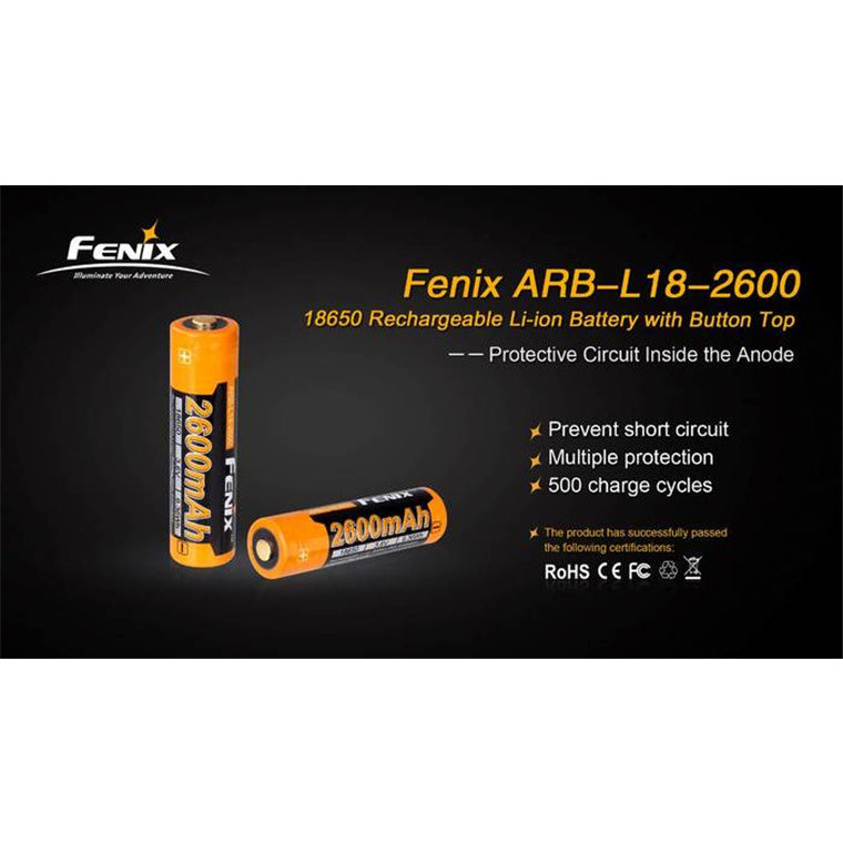 Fenix 18650 Li-ion Battery ARB-L18-2600 Rechargeable Battery Button-Top, 2600mAh, 3.6V, 9.36Wh, with Protection Circuit in the Anode