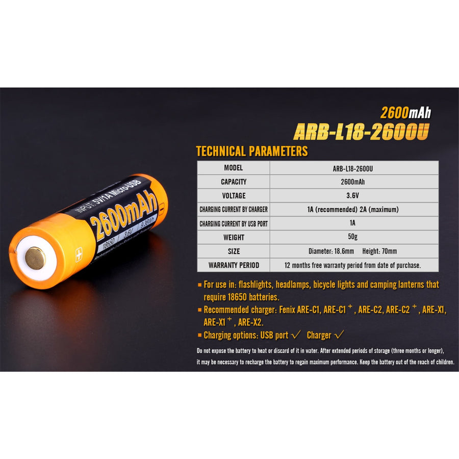 Fenix 18650 Li-ion Battery ARB-L18-2600U Rechargeable Battery Button-Top, Built-In Micro-USB Charging Port - 2600mAh, 3.6V, 9.36Wh, with Protection Circuit in the Anode