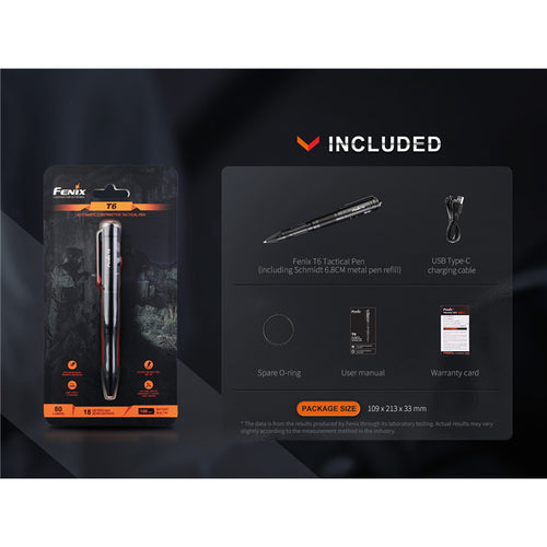 Fenix Tactical & EDC Flashlight T6 Rechargeable LED Pen Black, Penlight / Torch, Max 80 Lumens, Powered by Build-in 100mAH Li-ion Battery & USB-C Charging Port - EDC Designed, Personal Defense, Charging Cable is Included