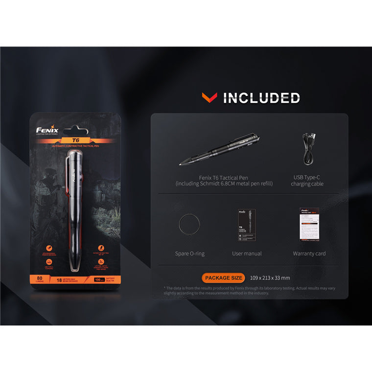 Fenix Tactical & EDC Flashlight T6 Rechargeable LED Pen Black, Penlight / Torch, Max 80 Lumens, Powered by Build-in 100mAH Li-ion Battery & USB-C Charging Port - EDC Designed, Personal Defense, Charging Cable is Included