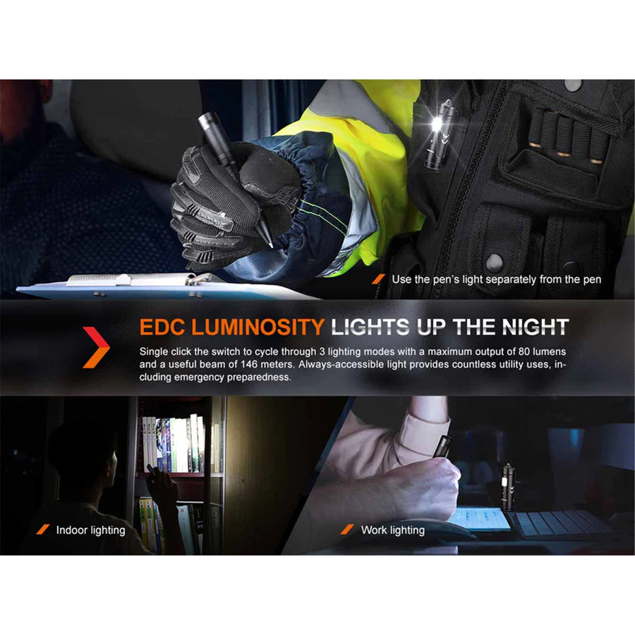 Fenix Tactical & EDC Flashlight T6 Rechargeable LED Pen Black, Penlight / Torch, Max 80 Lumens, Powered by Build-in 100mAH Li-ion Battery & USB-C Charging Port - EDC Designed, Personal Defense, Charging Cable is Included