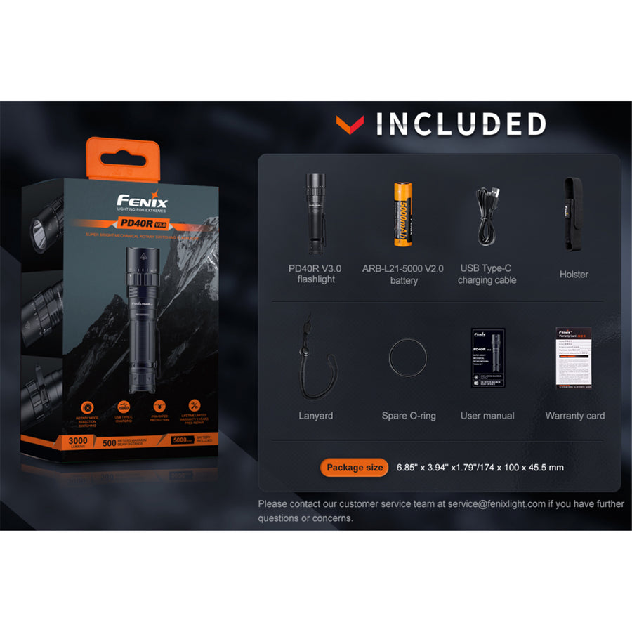 Fenix Tactical & Ourdoor Flashlights PD40R V3.0 Heavy-Duty Rechargeable LED Torch Max 3,000 Lumens, Head: 1.01" (25.7mm), 500m Max Distance, Powered by 1 x 21700 5,000 mAH V2.0 Li-ion Rechargeable Battery Included, USB-C Charging Cable