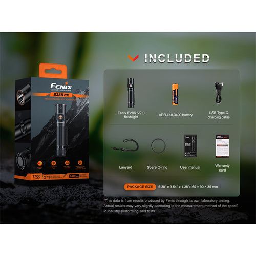 Fenix Everyday Carry Torch E28R V2.0 Rechargeable Flashlight Max 1,700 Lumens - Black, Head: 1.04" (26.5mm), Build-In USB-C Charging Port, Aluminum Body Powered by 1 x 18650 3400mAH Li-ion Battery & USB Charging Cable Included
