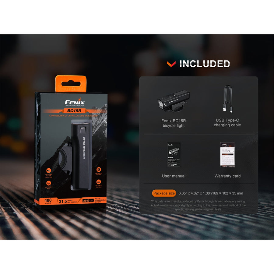 Fenix Bicycle LED Light BC15R Rechargeable Bike Light Max 400 Lumens & 78m Beam Distance - Powered by 1x 18650 Built-in 2600mAh Battery - Operation With a Single Switch - Compatible With Fenix Bicycle Light Helmet Holder & Bicycle Light
