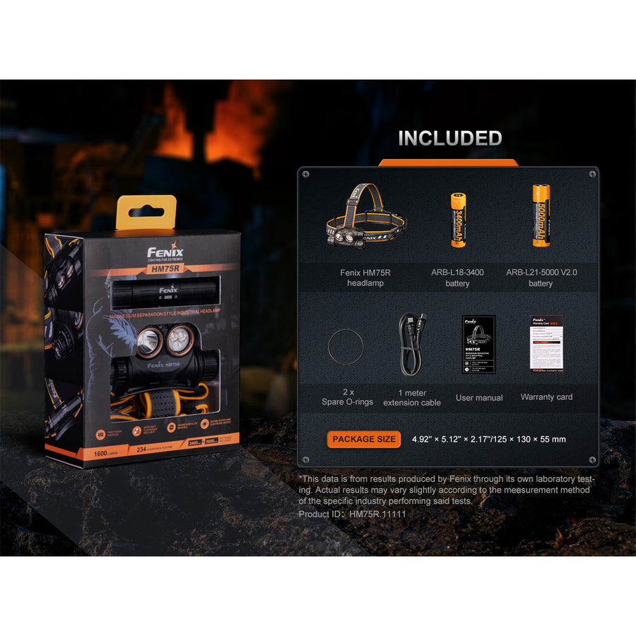 Fenix Work & Outdoor HM75R Black Rechargeable LED Headlamp Max 1,600 Lumens, Max 223m Beam Distance, Two Power Sources, Spotlight, Floodlight, Red Light Combined - Power Bank Function, Including 2 of Different Rechargeable Batteries