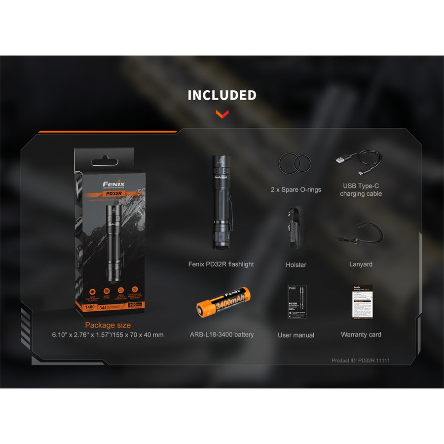 Fenix Tactical & Ourdoor Flashlights PD32R Black Compact Tactical Torch Max 1,400 Lumens, Head: 1.04" (26.4mm), 344m Beam Distance - Powered by 1 x 3,400 mAH Li-ion Rechargeable Battery Included, USB-C Charging Cable - 5 Years Free Repair