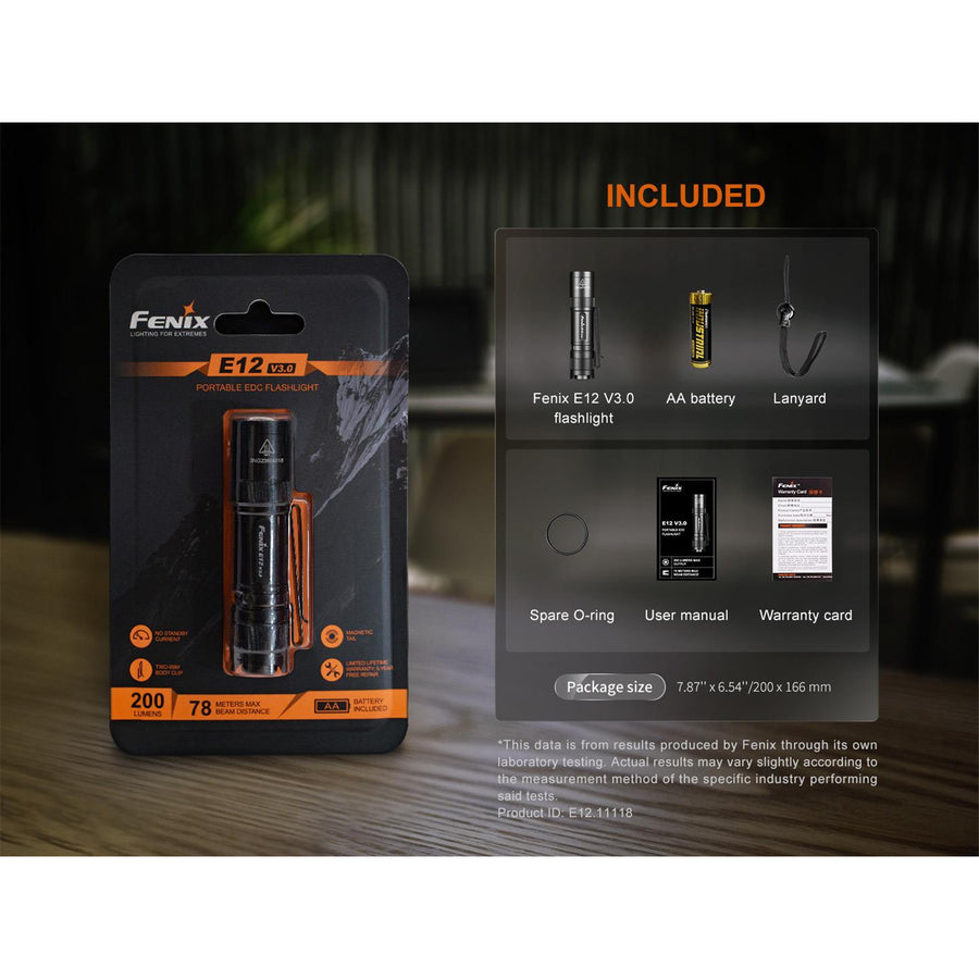 Fenix Everyday Carry Torch E12 V3.0 Black Mini Keychain Flashlight Max 200 Lumens, Head: 0.76" (19.3mm), Max 78m Beam Distance, Powered by 1 x AA Alkaline Battery - One-Hand Operate by Tail Switch, 1 x AA Battery is Included