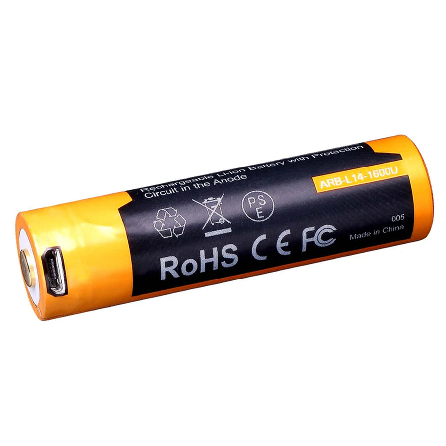 Fenix 14500 Li-ion Battery ARB-L14-1600U Rechargeable Battery Button-Top, 1600mAh, 1.5V, Built-In Micro-USB Charging Port, with Protection Circuit in the Anode