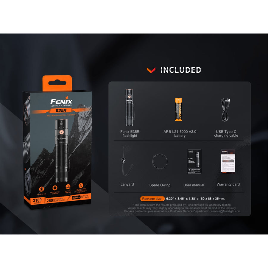 Fenix Everyday Carry Torch E35R Rechargeable Flashlight Max 3,100 Lumens, Head: 1.04" (26mm), Powered by 1 x 21700 5000mAH Li-ion Battery, Instant Strobe, Single Side Switch , Magnetic Tail, Build-In USB-C Charging Port, 5 Years Free Repair