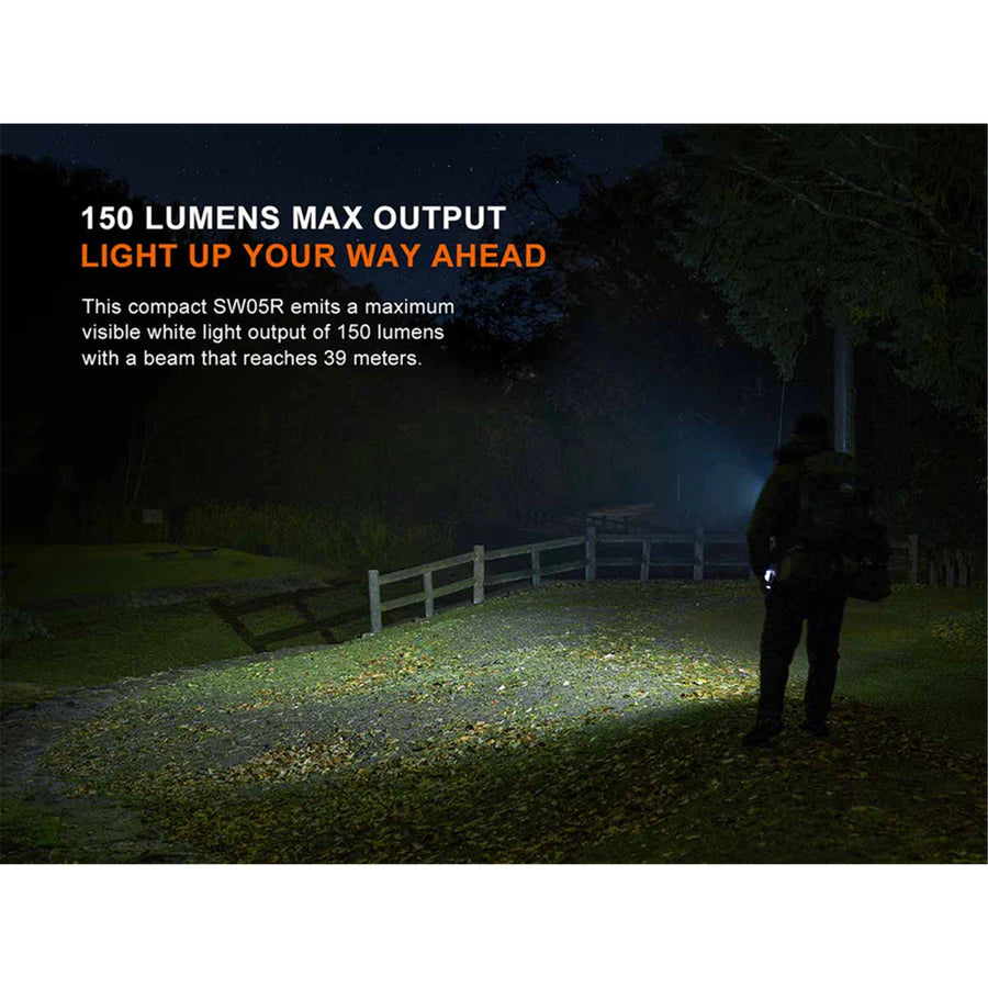Fenix Everyday Carry Torch SW05R-RED Black Max 150 Lumens + Red Light, Max 39 Meter Beam Distance, Body Clip, Adjustable Head, Magnetic Tail, Built-in 700mAh Rechargeable Battery, 2-Years Free Repair Warranty (Battery included)!