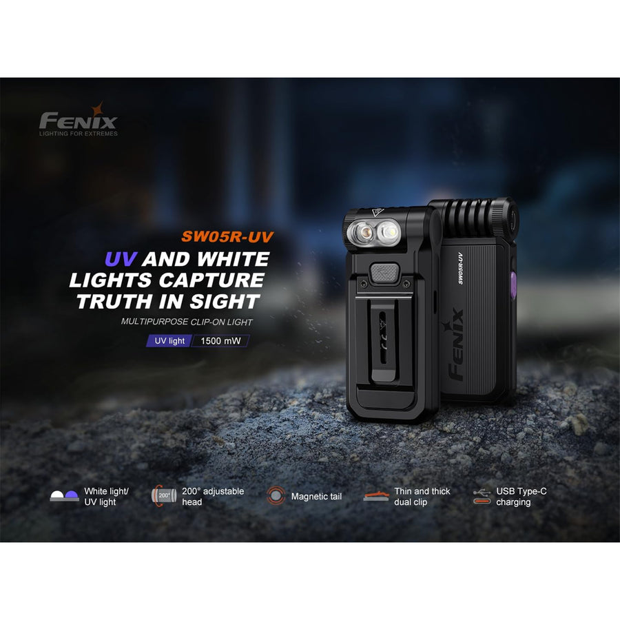 Fenix Everyday Carry Torch SW05R-UV Black Max 150 Lumens + 365nm UV Light, Max 39 Meter Beam Distance, Anti-Counterfeit Authentication, Adjustable Head, Magnetic Tail, Built-in 700mAh Rechargeable Battery, 2-Years Free Repair Warranty (Batt