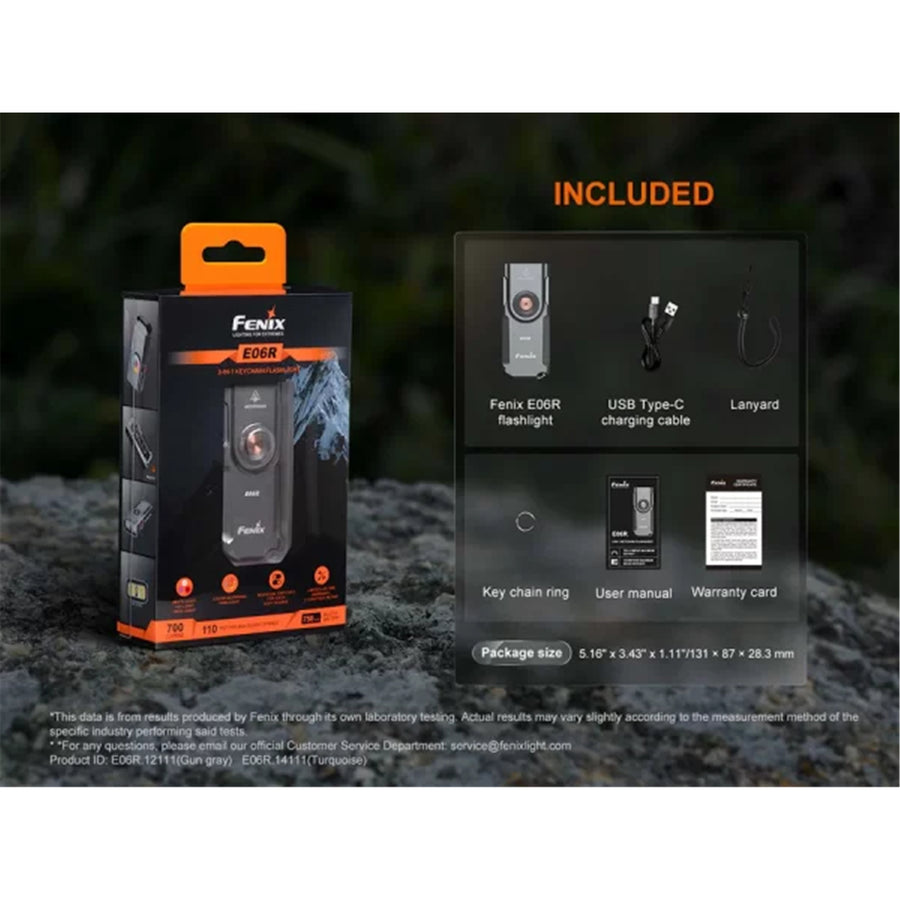 Fenix Everyday Carry Torch E06R Mini Keychain Flashlight Max 700 Lumens - Grey, Max 110m Beam Distance, Pocket Size, Built-in 750mAh Li-polymer Battery, White Light, UV Light and Red Laser, Anti-Counterfeit Authentication, Aluminum