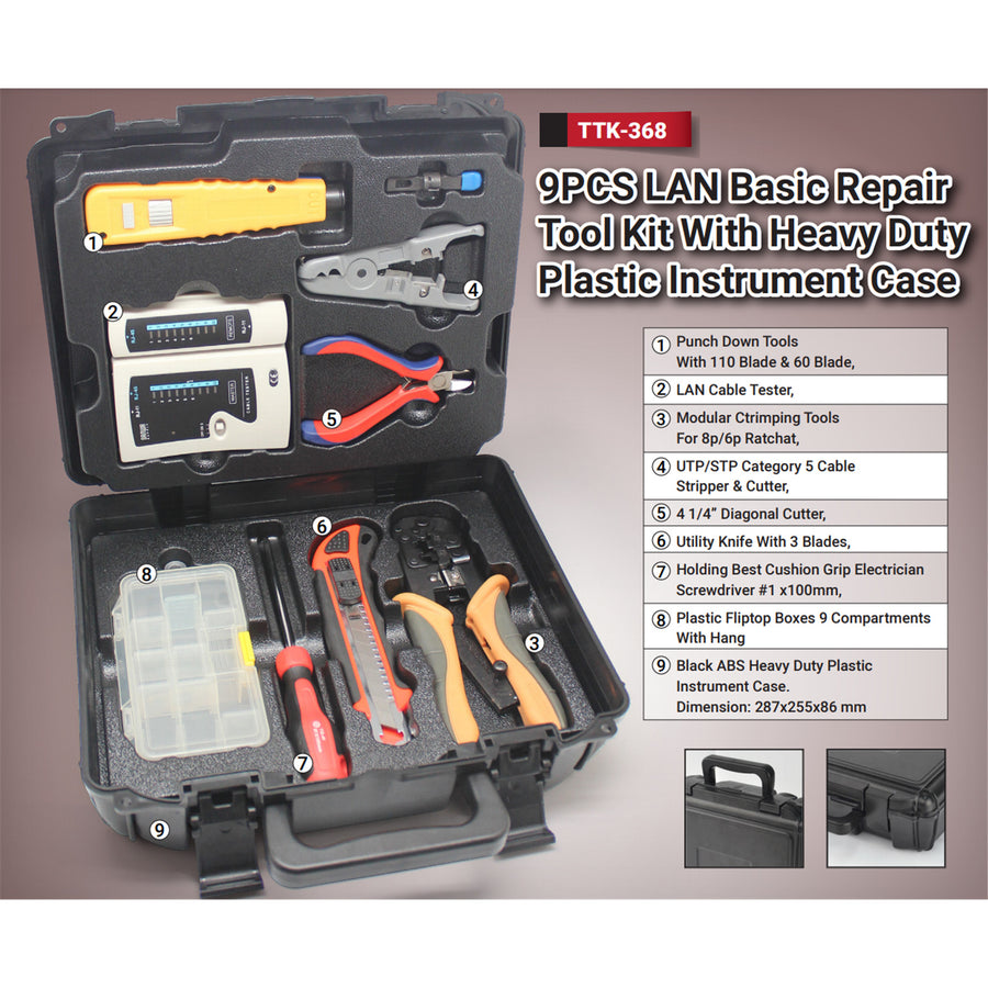 GOLDTOOL TTK-368 - 9 Piece LAN Basic Repair Tool Kit w/ Heavy Duty Plastic Case. Includes Punch Down Tool