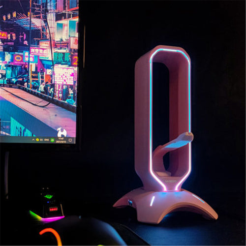 RGB Gaming HeadSet & Headphone Stand + Mouse Cord Holder X 2 USB Port Hub Black Hanger / Holder for Headset / Headphone / 7 LED Colors + Color Changing Mode,